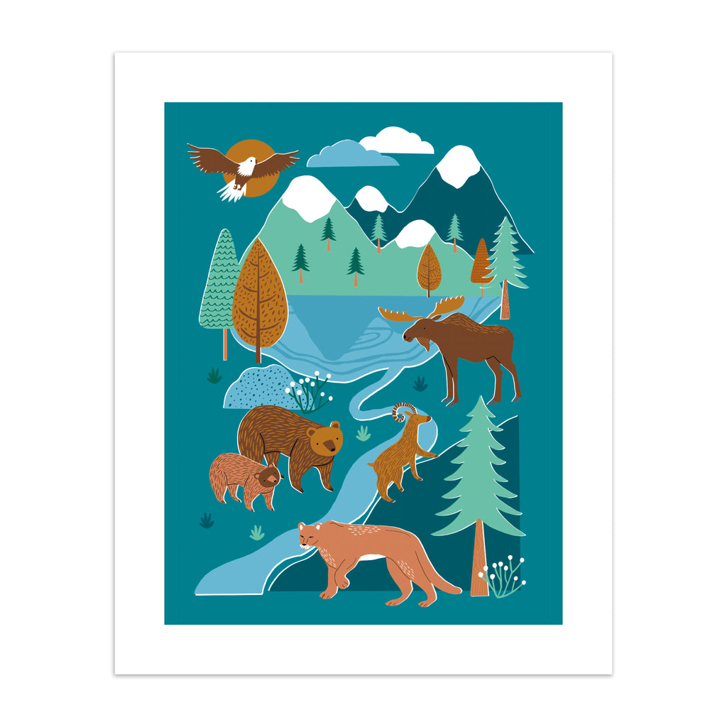 An adorable print featuring a mountain scene filled with bears, eagles and cats on a blue background.