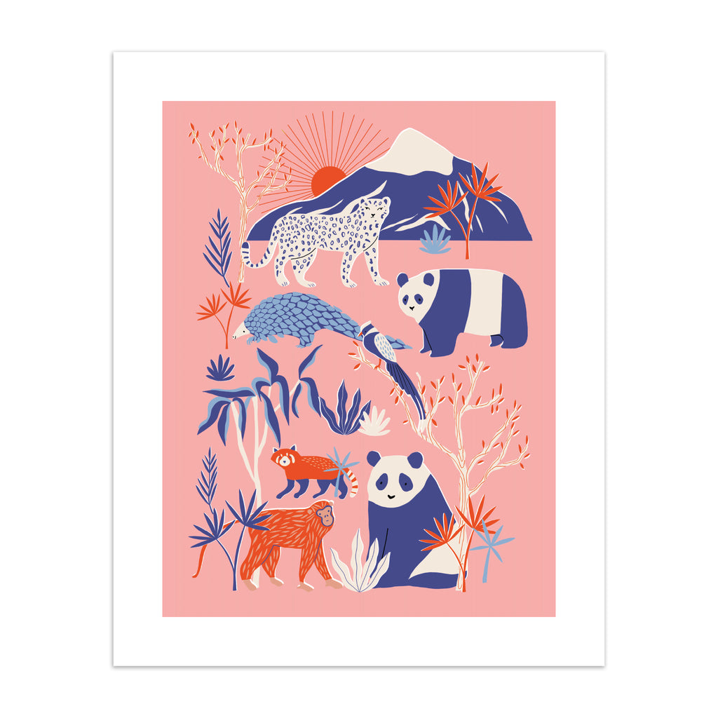 A pastel art print featuring an exotic scene filled with pandas, pangolins and lions on a pink background.