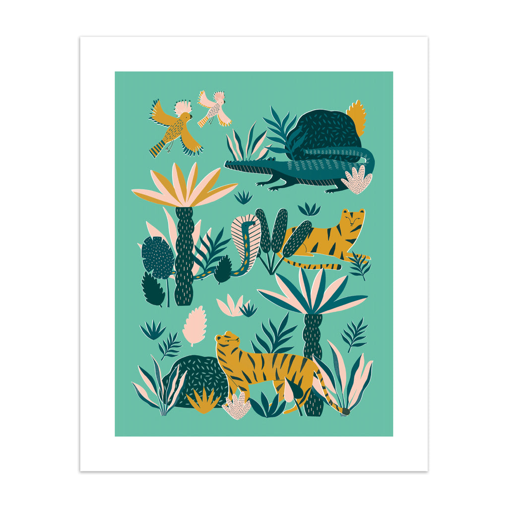 A bright art print featuring a wild scene filled with big cats, birds and crocodiles on a green background. 